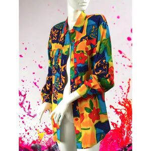 VTG 80s Saint‎ Germain Oversized Rayon S/M Button Blouse Top Vibrant Colors